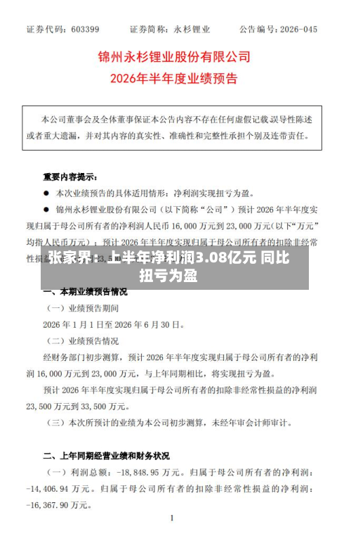 张家界：上半年净利润3.08亿元 同比扭亏为盈