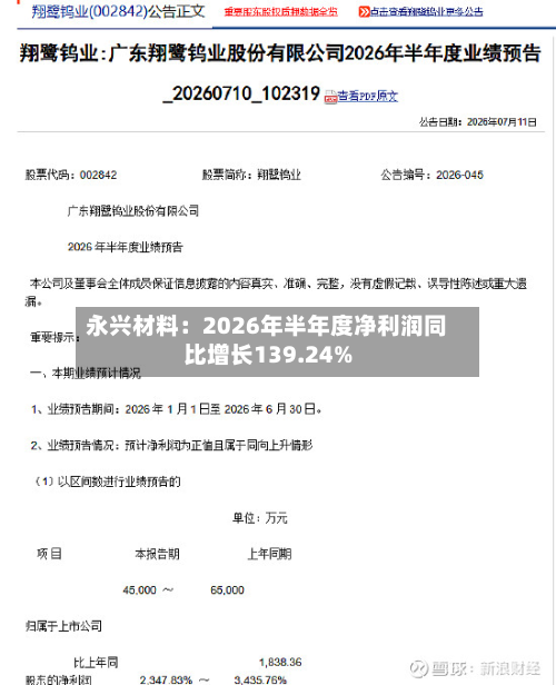 永兴材料：2026年半年度净利润同比增长139.24%-第1张图片