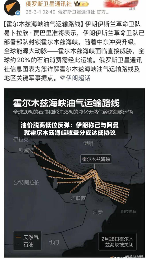 油价脱离低位反弹：伊朗称已与阿曼就霍尔木兹海峡收益分成达成协议