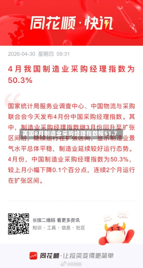英国8月制造业采购经理指数报51.7