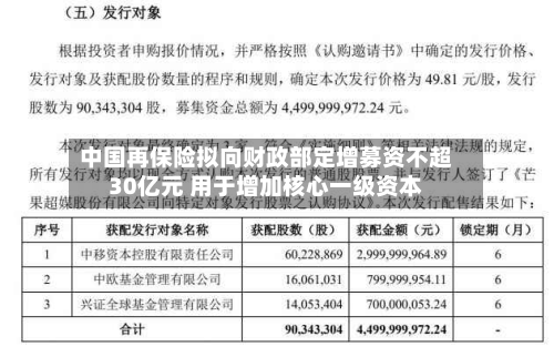 中国再保险拟向财政部定增募资不超30亿元 用于增加核心一级资本