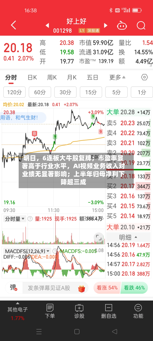 明日	，6连板大牛股复牌；市盈率显著高于行业水平，AI视频业务收入对业绩无显著影响；上半年归母净利下降超三成-第3张图片