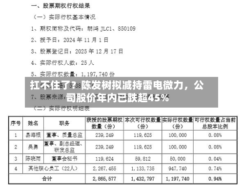扛不住了？陈发树拟减持雷电微力，公司股价年内已跌超45%-第2张图片