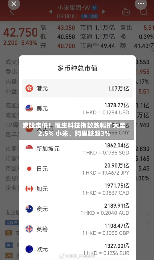 港股走低！恒生科技指数跌幅扩大至2.5% 小米、阿里跌超3%-第1张图片