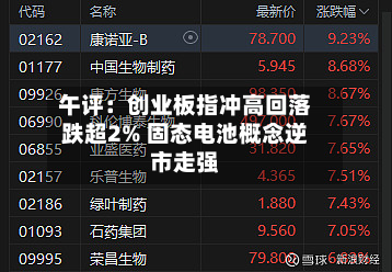 午评：创业板指冲高回落跌超2% 固态电池概念逆市走强