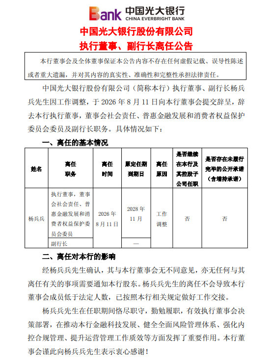 光大银行：执行董事	、副行长杨兵兵因工作调整离任