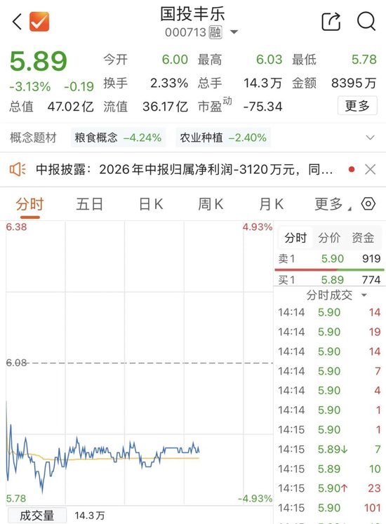 半年报亏损扩大	，牛散逆势买入国投丰乐