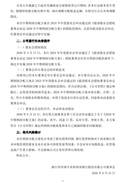 瑞丰银行发布中期利润分配方案：拟每10股派发现金股利人民币1元（含税）