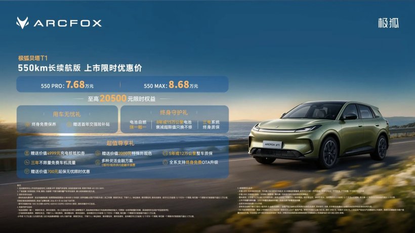 限时优惠价 7.68 万元起，极狐贝塔 T1 550km 长续航版上市