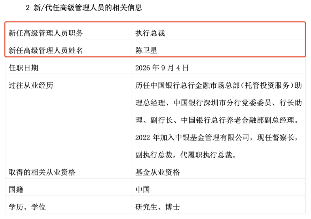 官宣！7000亿级基金公司中银基金新总裁定了，陈卫星出任！