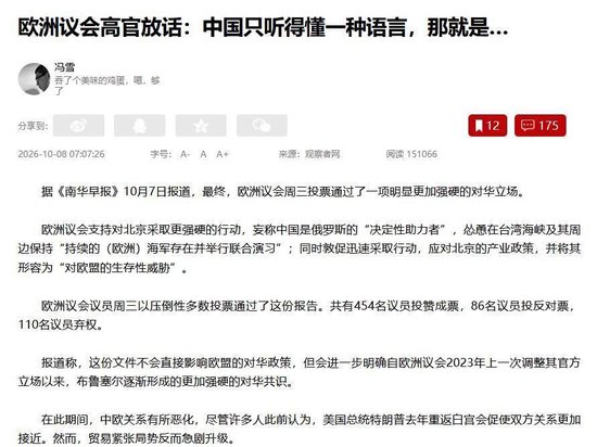 欧洲对华投票一边倒，反华报告通过，欧盟：中国只懂实力语言